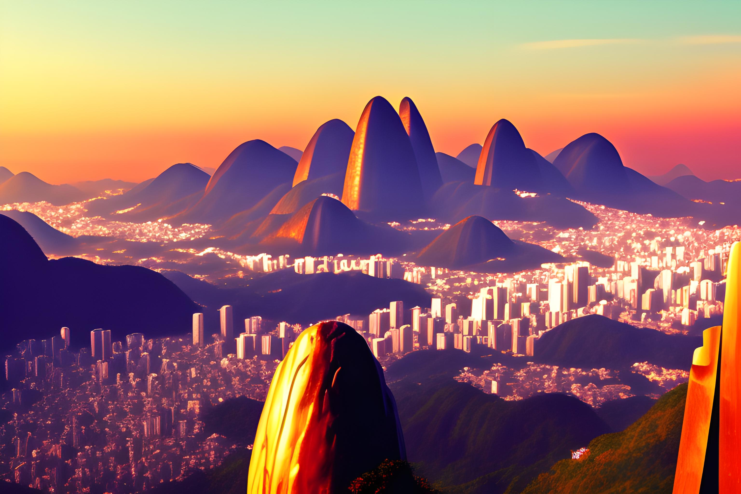 faça uma paisagem urbana do Rio de Janeiro, em que um cara está de pé nos braços do Cristo Redentor…